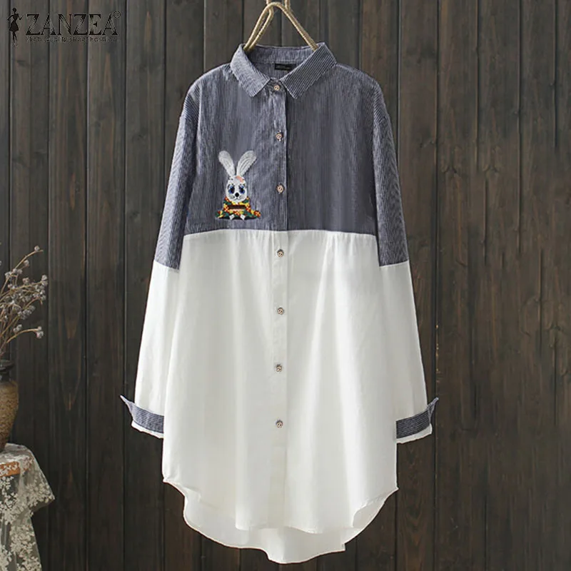 

Женская винтажная рубашка, Повседневная полосатая блузка с отложным воротником и длинным рукавом, модель 2021 года, ZANZEA, модные Свободные Лос...