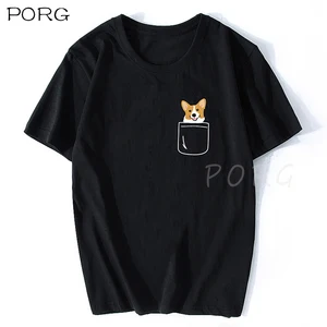 Хлопковые футболки с круглым вырезом и надписью Корги в кармане