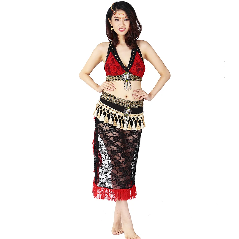 

Tribal Belly Dance Costumes Set Lace Halloween Party Egyptian Performance Skirt Gypsy Bollywood Outfits Bra & Hip Scarf 2pcs
