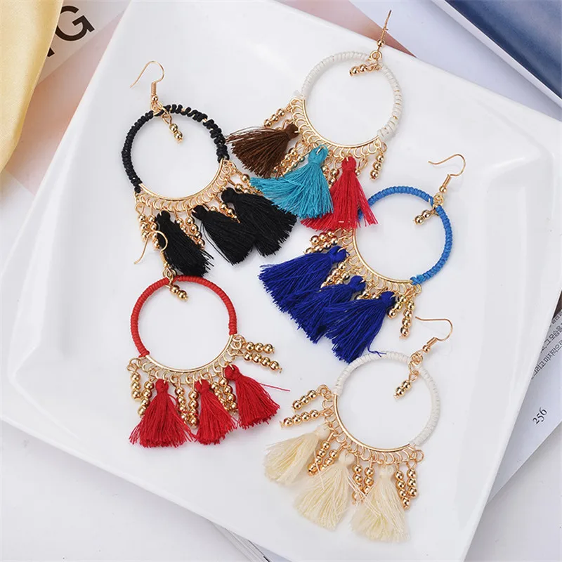 

Bohemian New Design Handmade Woven Round Tassel Drop Earrings For Women Party Gift