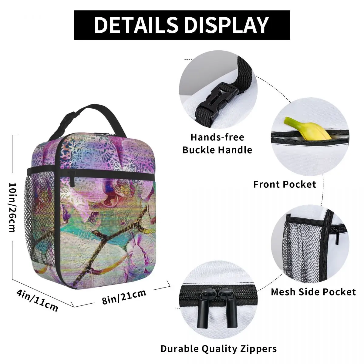 

Floral Design Elements Lunch Bag for Women Men Large Insulated Lunch Box with Water Bottle Holder and Pockets