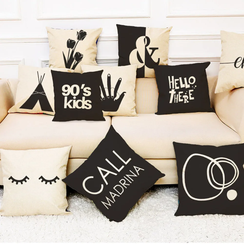 Черно белые чехлы на диванные подушки с надписью Декоративные Чехлы для гостиной