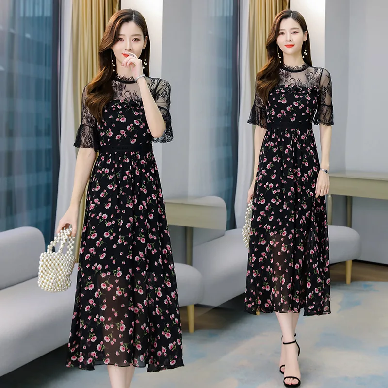 

the Korean version of the waist is slimming long dress, the temperament of the knee-length floral chiffon dress