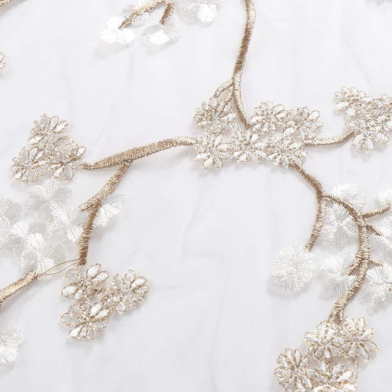 

Lady Long Maxi Embroidery Dress White Mesh with Embroidered Flower Shoulder String Tie Zip Closure Elegant Banquet Wear Clothing