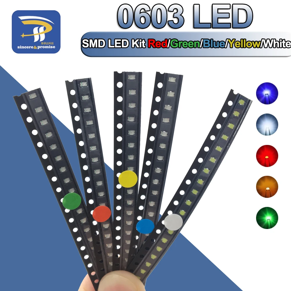 5 цветов x20 шт. = 100 SMD 0603 LED DIY Kit супер яркий красный/зеленый/синий/желтый/белый