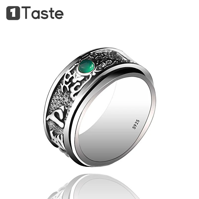 

ONE TASTE 925 Sterling Thai Silver Men's Ring Buddhism Mantra Chalcedony Rotated Outside Circle Rings Fine Jewelry Trendy Gift