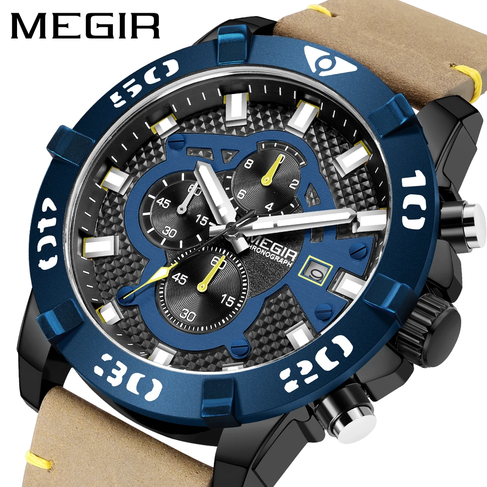 

Часы наручные MEGIR 2021Top Brand Мужские кварцевые, брендовые Роскошные Оригинальные Водонепроницаемые, с синим кожаным ремешком
