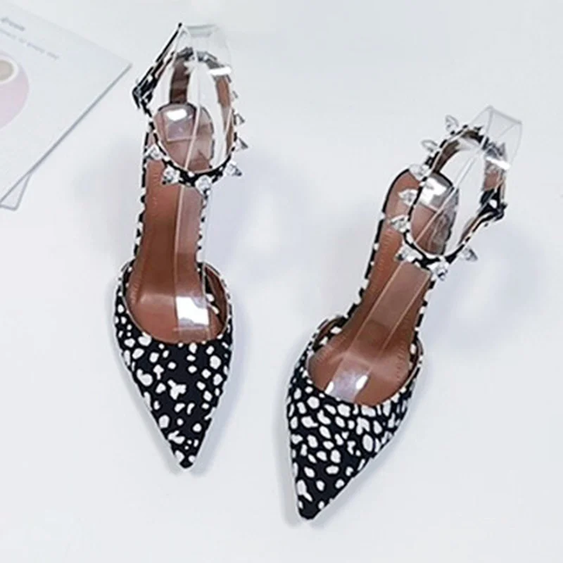 

Fashion women's single shoes with rhinestone buckle polka-dot color pointed toe transparent nail high heels