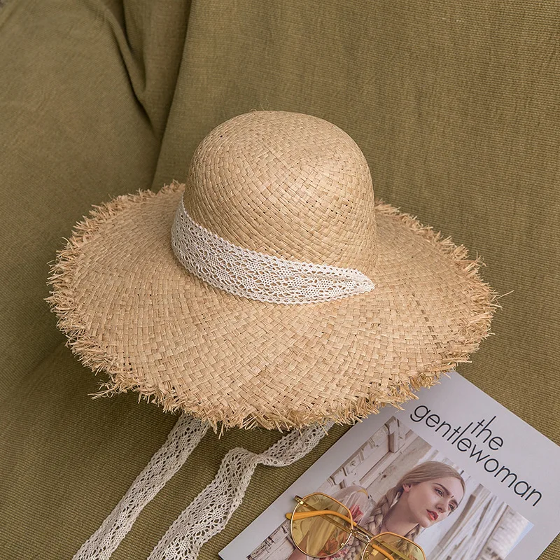 

Grace Ladies Summer Wide Brim Lafite Straw Hat Women Sun Protection Beach Hat Girls Big Ribbon Visor Hat Casual Travel Straw Hat