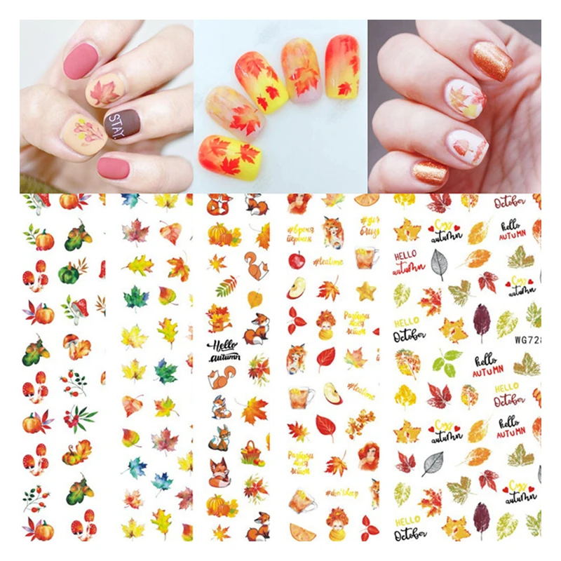 

10PCS New Apple Fox Maple Leaf Nail Sticker Yellow Leaf Pumpkin Nail Art Transfer Decorative Adhesive Decal Sticker