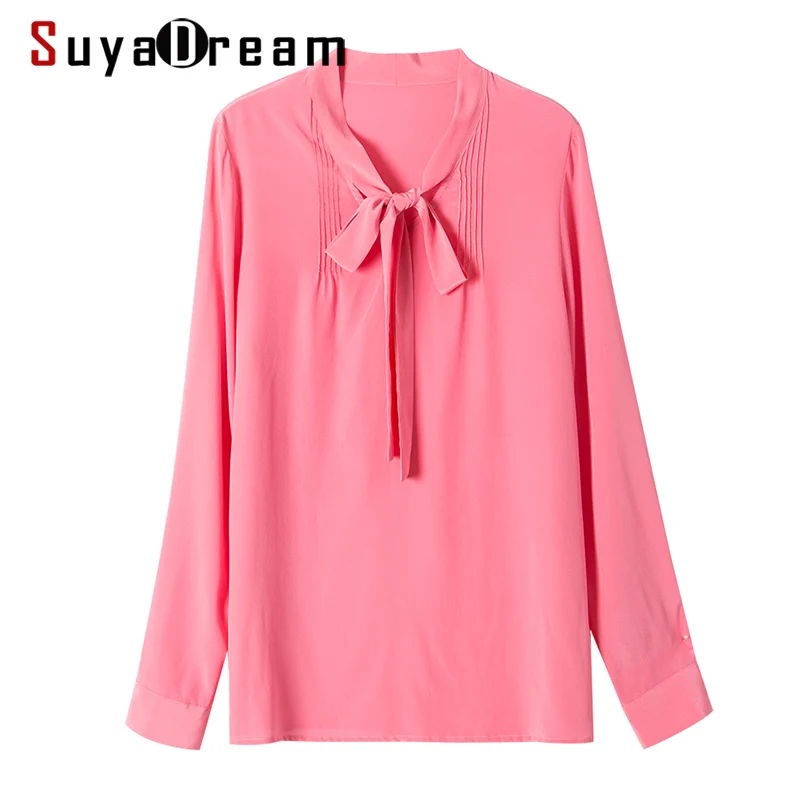 SuyaDream Women Solid Blouse 100%Silk Crepe Long Sleeved Bow Collar Blouses OFFICE Lady SHIRT 2020 Spring Top