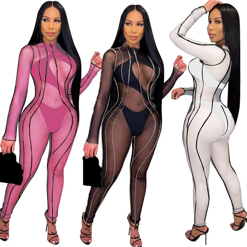 

WUHE Summer Women Jumpsuit Solid Mesh See-through Full Sleeve Pencil Jumpsuits with Underwear Sexy Night Out Club Party Outfit