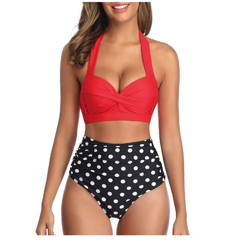 

Женский сексуальный купальник пуш-ап с высокой талией, купальник с лямкой на шее, комплект бикини в горошек с цветочным принтом, 2021, новый ди...