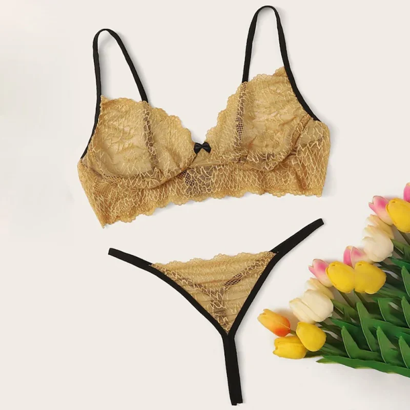 

Sexy Lace Lingerie Bra+Thong Underwear Set Women See-through Underwear Two-piece Set