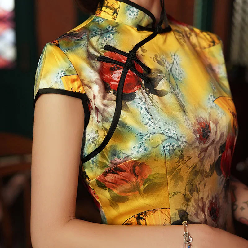 

Large Size 5XL Women Elegant Qipao Yellow Floral Sexy Long Summer Cheongsam Silk Satin Evening Party Formal Dress