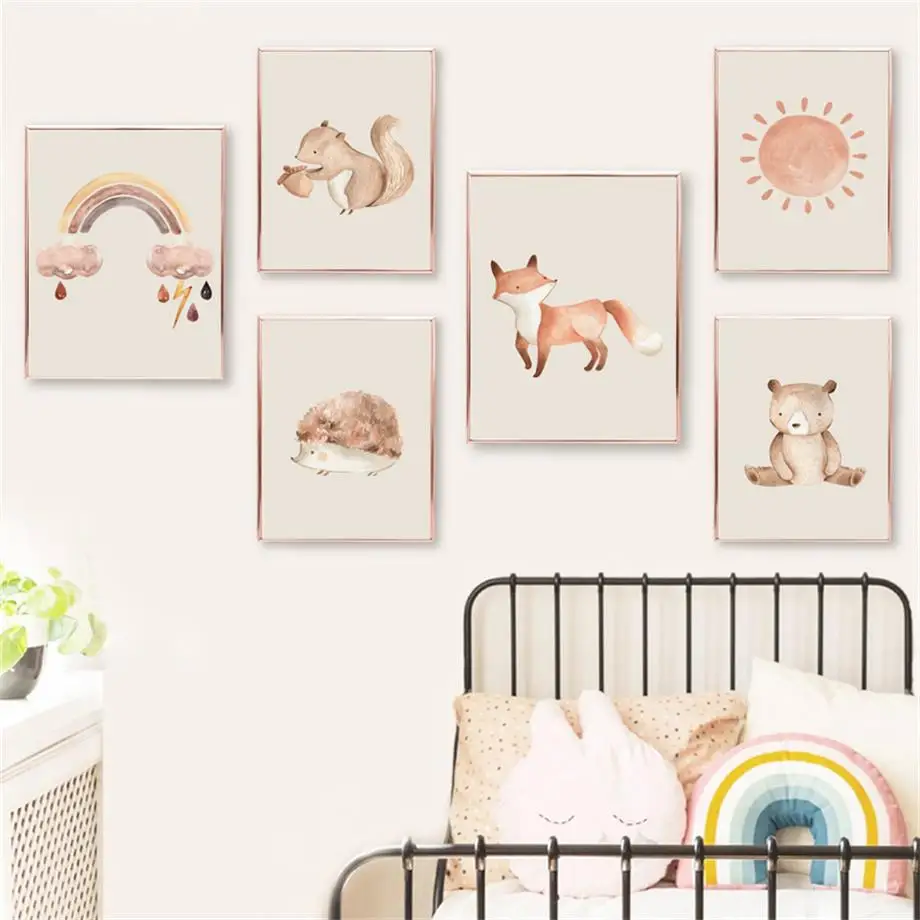 

Fox Rabbit Bear Squirrel Rainbow Sun Heart Clouds Boho Posters And Prints Wall Art Canvas Kids Room Decor Painting Wall Pictures
