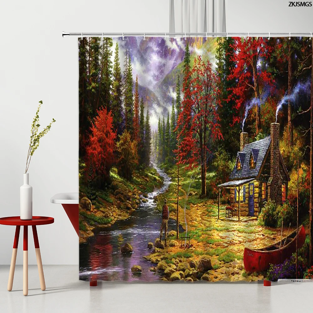 Лесной ландшафт занавески для душа набор водопад красный природный пейзаж