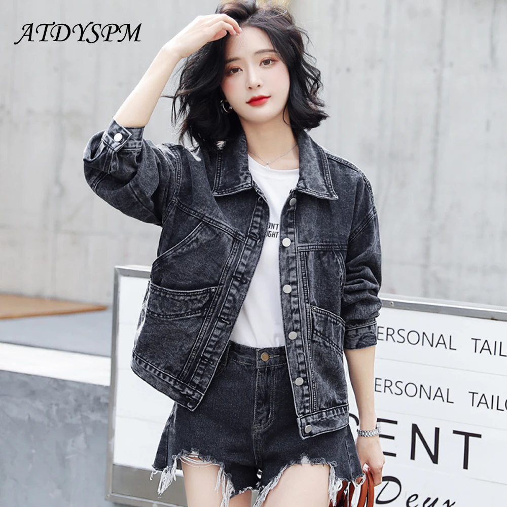 Женская джинсовая куртка с большими карманами Короткая свободная отворотами в