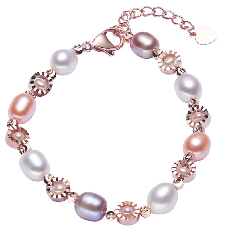 

HABITOO Women's Fashion 7-8mm White Pink Purple Freshwater Pearl Bracelet Gold Bead Bangle Lobster Clasp for Wemen Jewelry Gifts