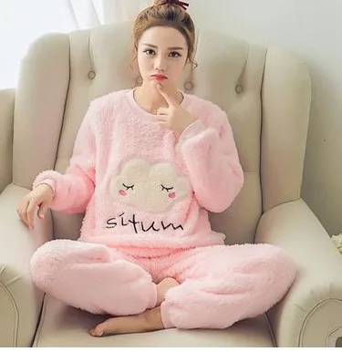 Cloud pink Женский набор пижам Пижамы, костюм для сна, плотные брюки с длинными рукавами, женская зимняя теплая фланелевая ночная рубашка кораллового цвета с круглым вырезом, с рисунком Тоторо, животных, милая Пижама Mujer - Цвет: Cloud pink