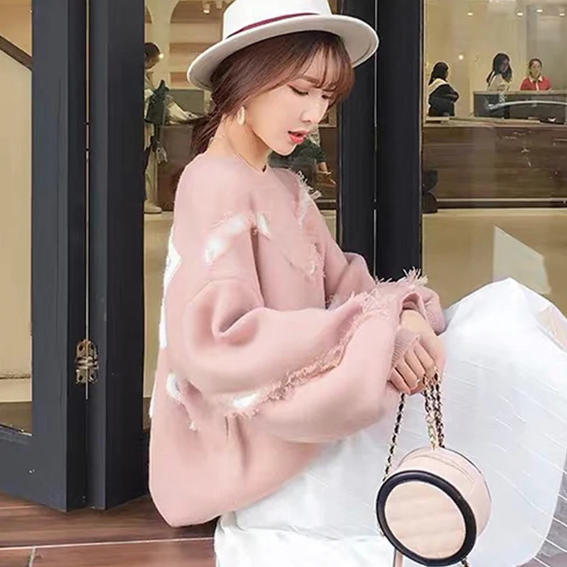 

Women Korean Style Sweater and Pullovers O neck tassel Letters Printed Pull Jumpers Long SLeeve Streetwear Knit Pull