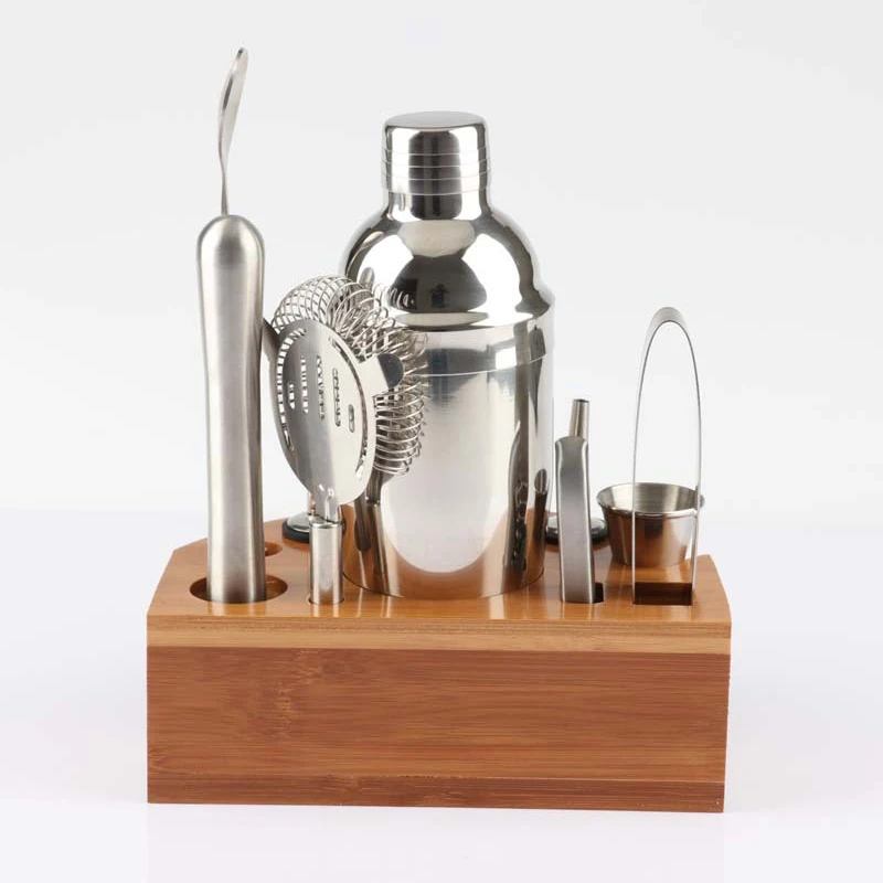 

12 Piece Stainless Steel Cocktail Shaker Set with Sectors Wood Stand Drink Shaker Mixer E2S