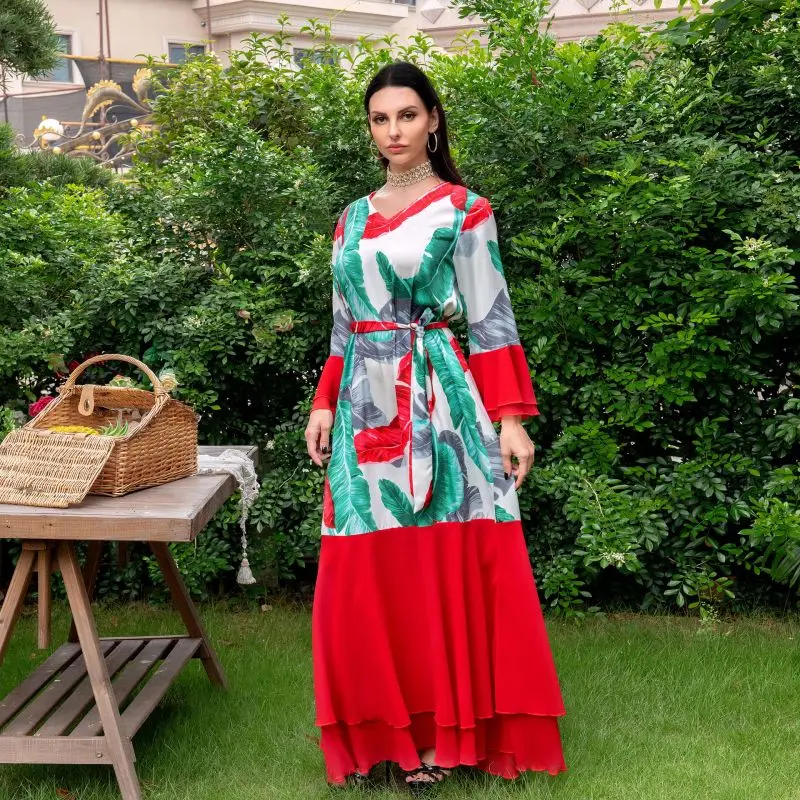 

Autumn Chiffon Fashion Print Patchwork Maxi Dress Women V Neck Flare Sleeve Muslim Middle Eastern Robe Joyous Holiday Clothes
