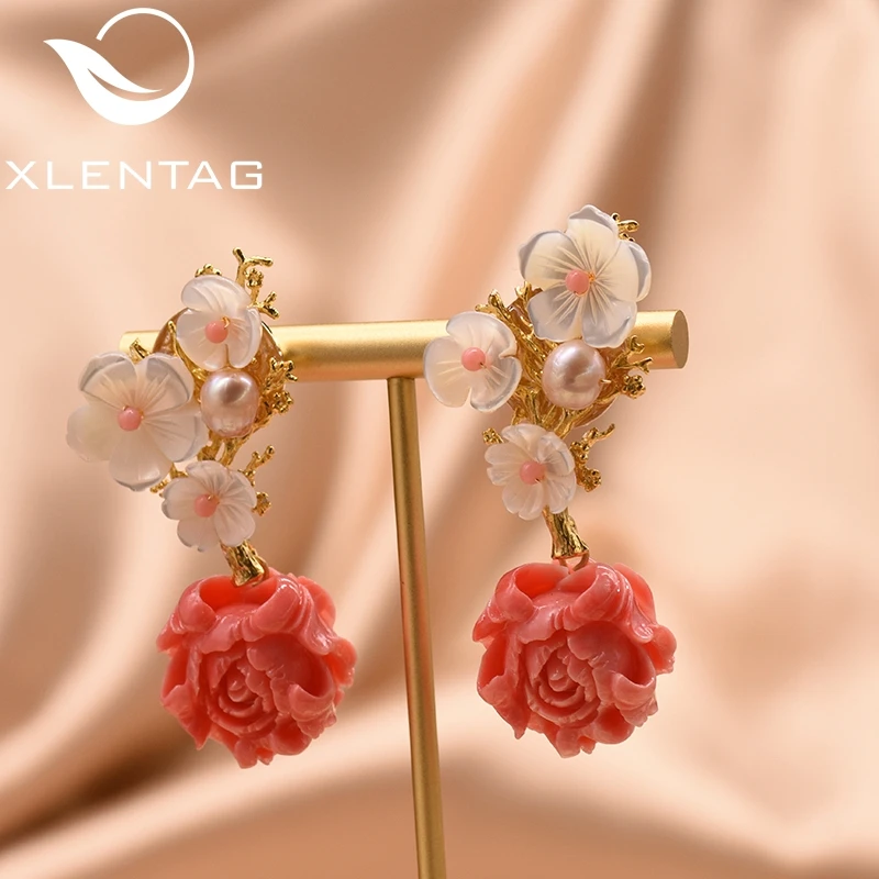XlentAg, 925 пробы, серебряные, розовые, коралловые Висячие серьги, белый жемчуг, Розовый натуральный камень, раковина, цветок, висячие серьги, ювелирное изделие GE0024