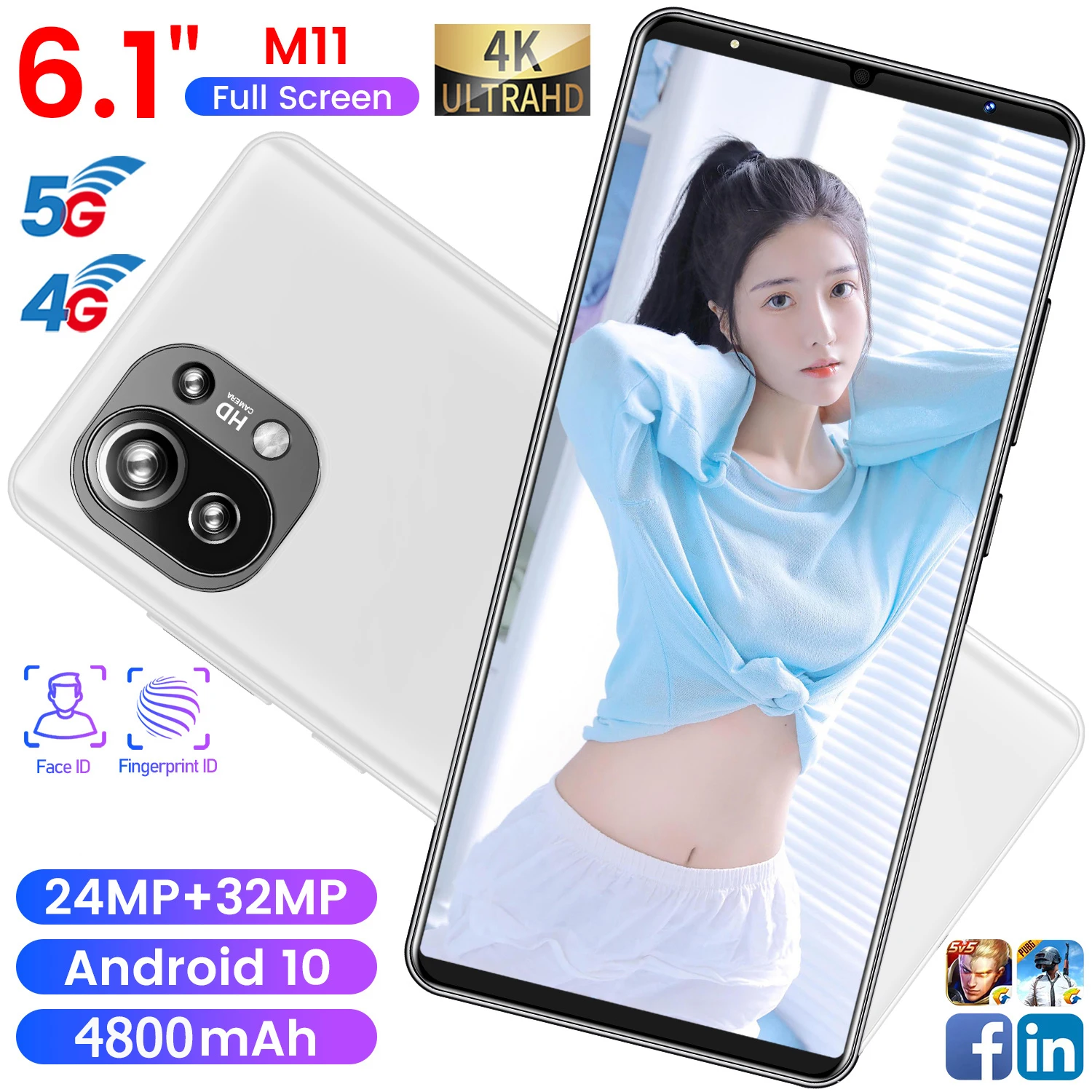 

2021 New Arrival M11 6+128GB White Smart Phone 24+32MP Global Version 6.1 Inch Andriod 10 Fingerprint Unlock 4800mAh Cellphone