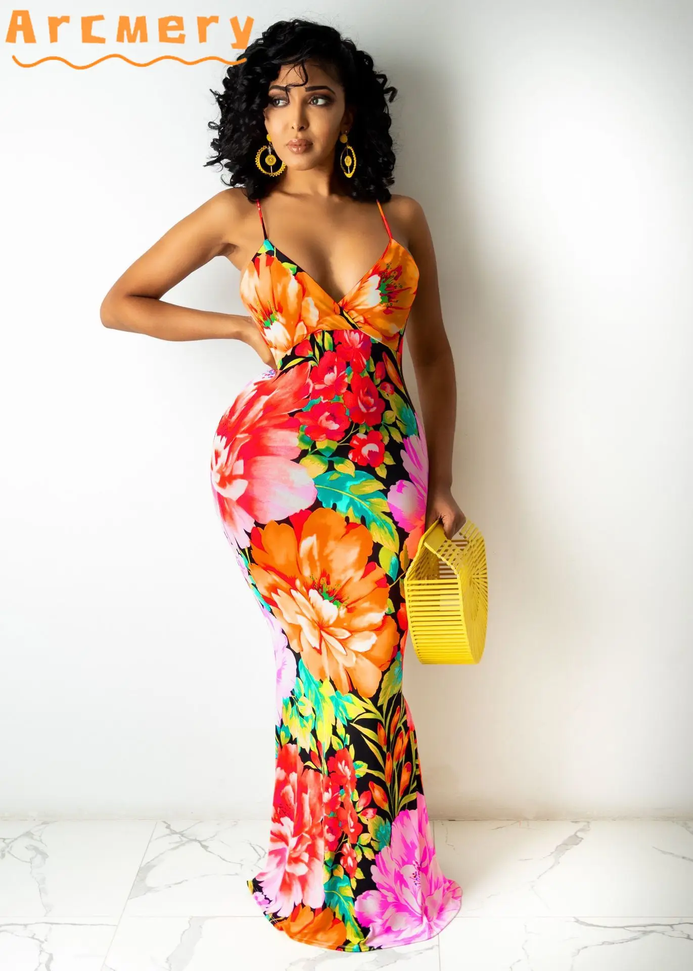 

Women Plus Size Bohemian Styke Spaghetti Strap Floral Printed Sleeveless Maxi Dress