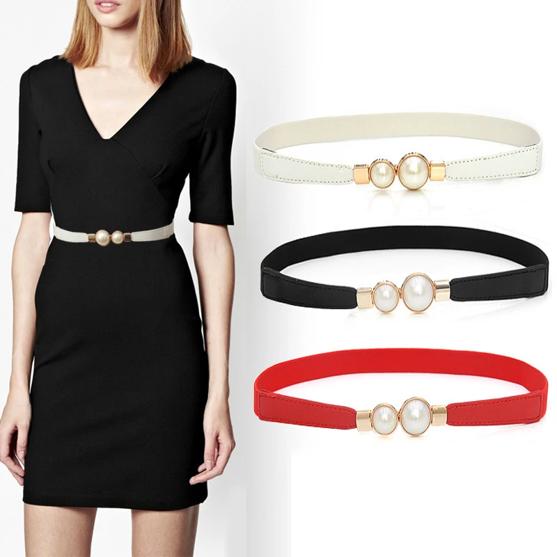 

1pc Fashion Smooth Thin PU Leather Belt Simulated Pearl Elastic Waist Belts Women Dress Skirt Decoration Fashion Girls Gifts