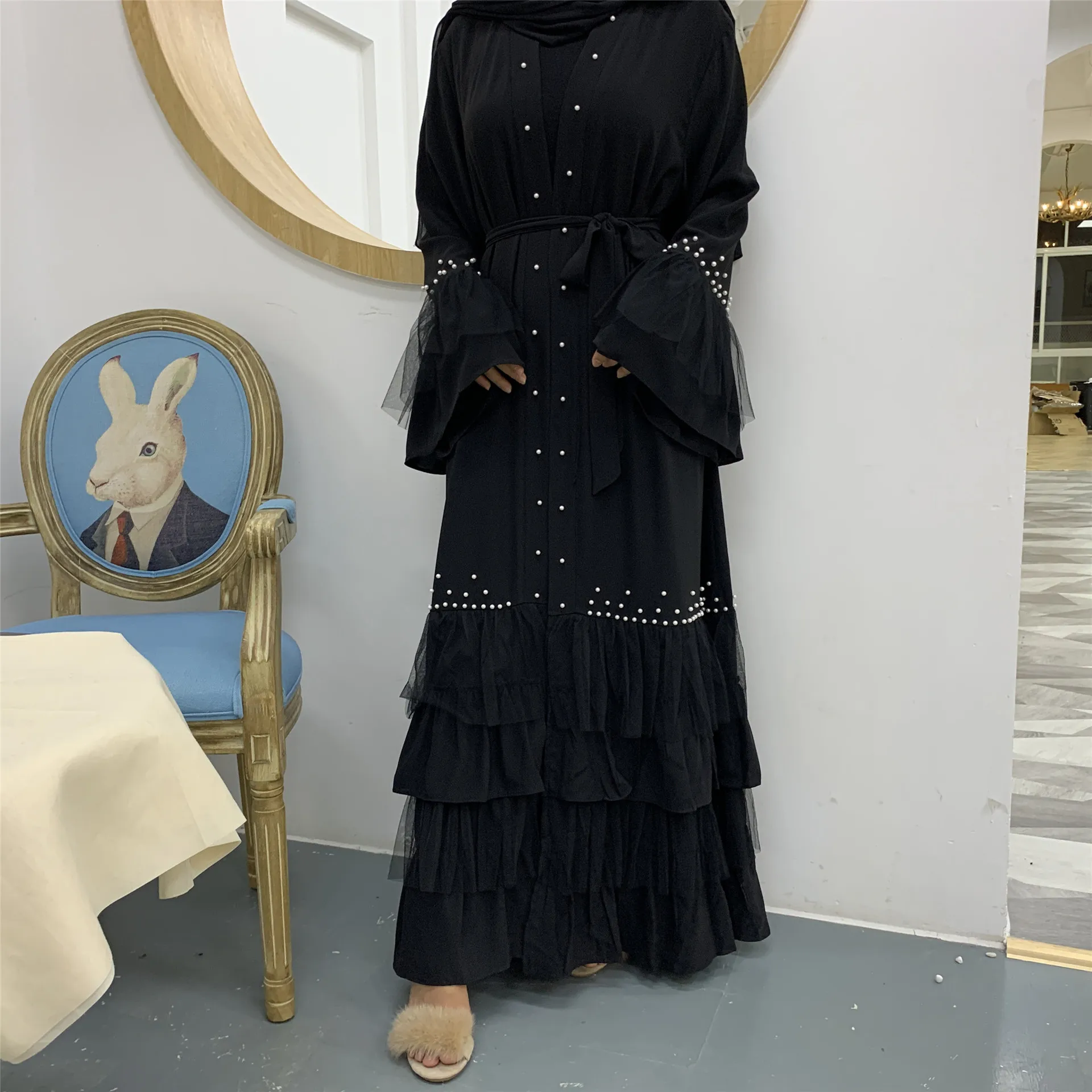 

Turkey Middle East Beads Abaya Dress Women Mesh Lace-up Eid Mubarak Islamic Clothing Jubah Robe Moroccan Kaftan Arabic Vestidos