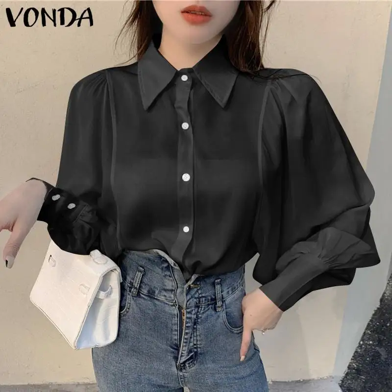 

VONDA Elegant Women White Blouse Femme Lapel Button Up Chemise Shirts Tops Femme Pleated Lantern Sleeve Casual Blusas Oversized