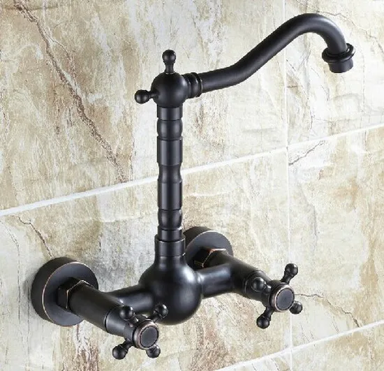 

Black Oil Rubbed Brass Double Handle/Hole Wall Mounted Kitchen Bathroom Basin Faucet Sink Mixer Tap Swivel Spout 360' dnf265