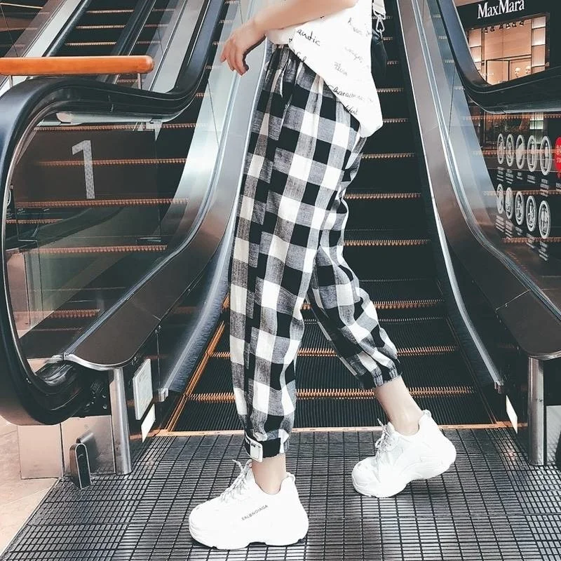 

Korean Style Women Mid Waist Straight Plaid Print Ankle-Length Pants Drawstring Loose Pockets Trousers Female 2019 Autumn Girls
