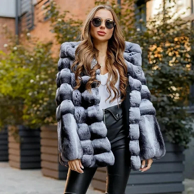Women Natural Rex Rabbit Fur Jacket Thick Warm Fur Overcoat Woman Winter Outwear Full Pelt Rex Rabbit Fur Coats Medium Length enlarge