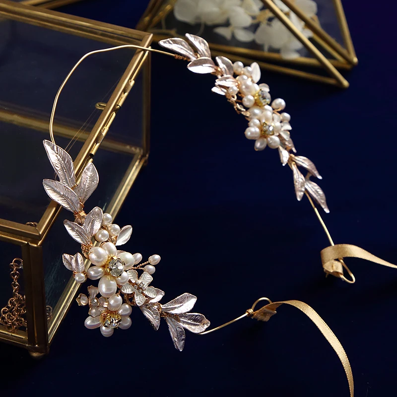 

Handmade Freshwater Pearls Gold Brides Hairbands Crystal Soft Headbands Bridal Flower Hair Accessories Crystal Headpieces