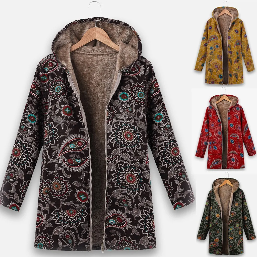 Женское винтажное пальто на молнии с этническим принтом флисовое капюшоном и