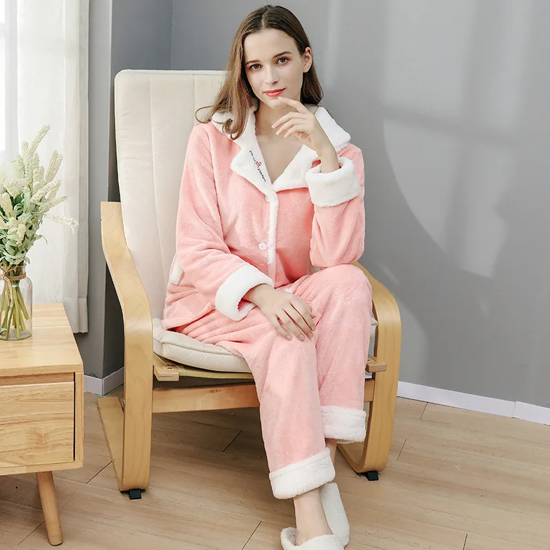 

Winter Pajamas Set Women Sleepwear Warm Flannel Long Sleeves Pajamas Green Cute Korean Homewear Thick Home Suit