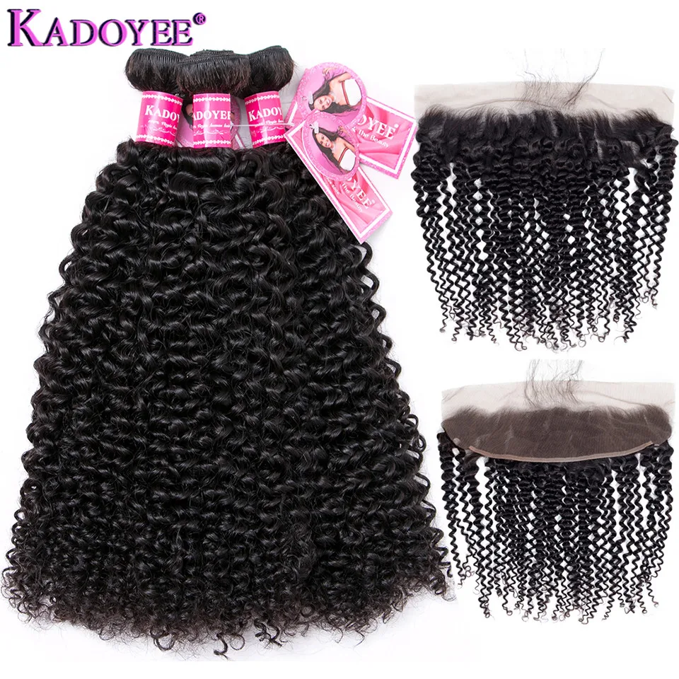 Kinky Curly Bundles With 13x4 Frontal Remy Human Hair 3Bundles With Closure H Brazilian Hair Weave Bundle Extension With Closure