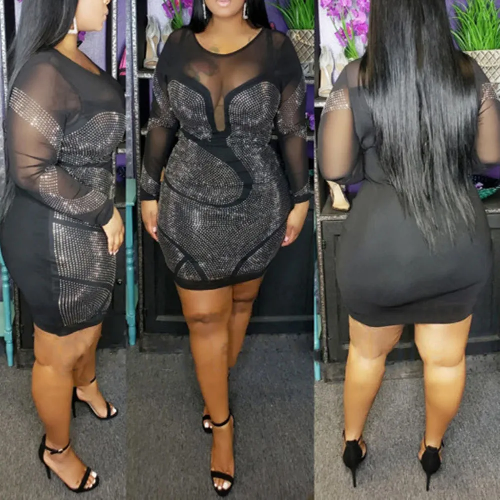 Осеннее сексуальное прозрачное Сетчатое платье со стразами и блестками