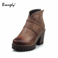 brangdy winter women ankle boots pu leather retro women shoes round toe sewing women winter boots with fur square heels zipper