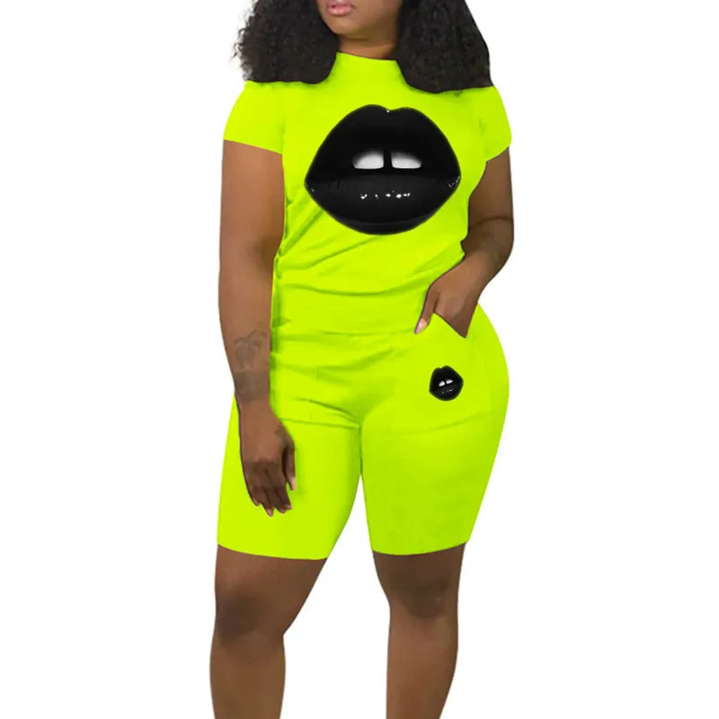 

Женский спортивный костюм с принтом губ, Повседневная футболка с коротким рукавом и велосипедные шорты