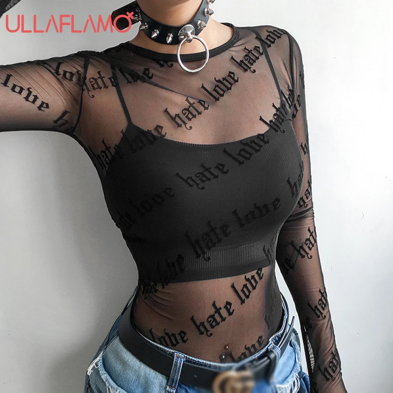 

Gothic Dark Letters Printed Women Mesh Tops Chic Sexy See-Through Long Sleeve Tee-Shirt Grunge Fairy Skinny T-Shirt Female Base