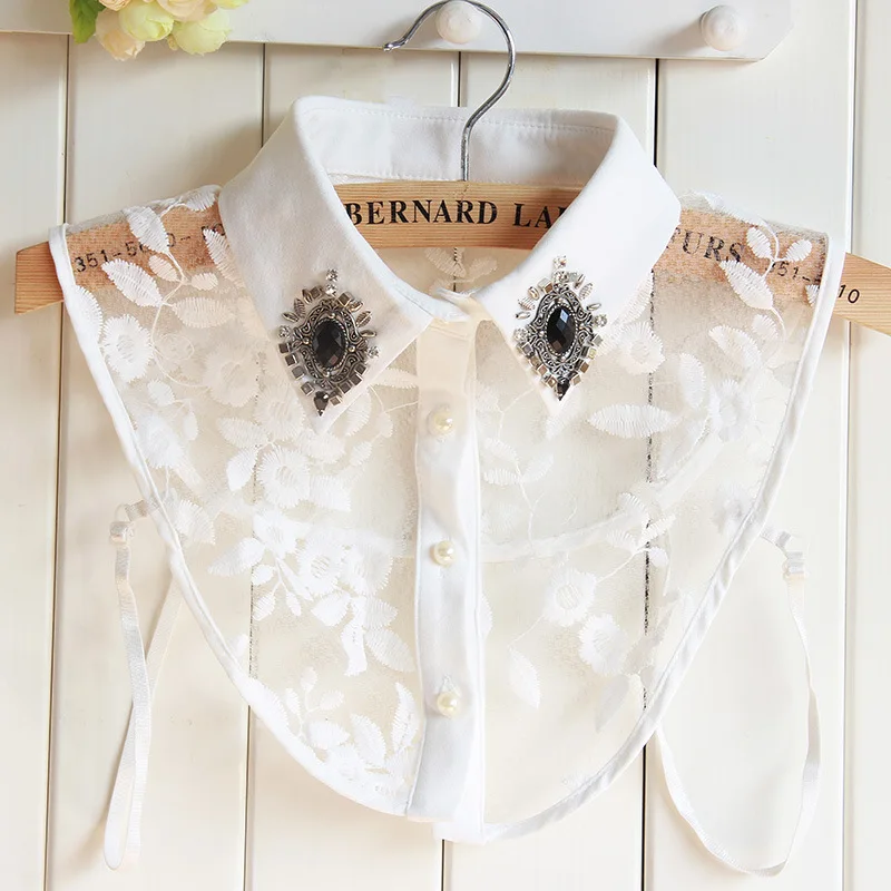 

Fashion Vintage Women Shirt Fake Collar Embroidery Detachable Collar Lapel Shirt Rhinestone False Collar Dress Mujer Gift