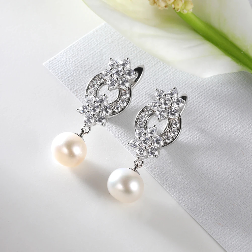 

Pearl Earrings Brass Metal Ring For Women Flower Shape Inlaid With Zircon High Quality Jewelry For Women Best Gift To Friend