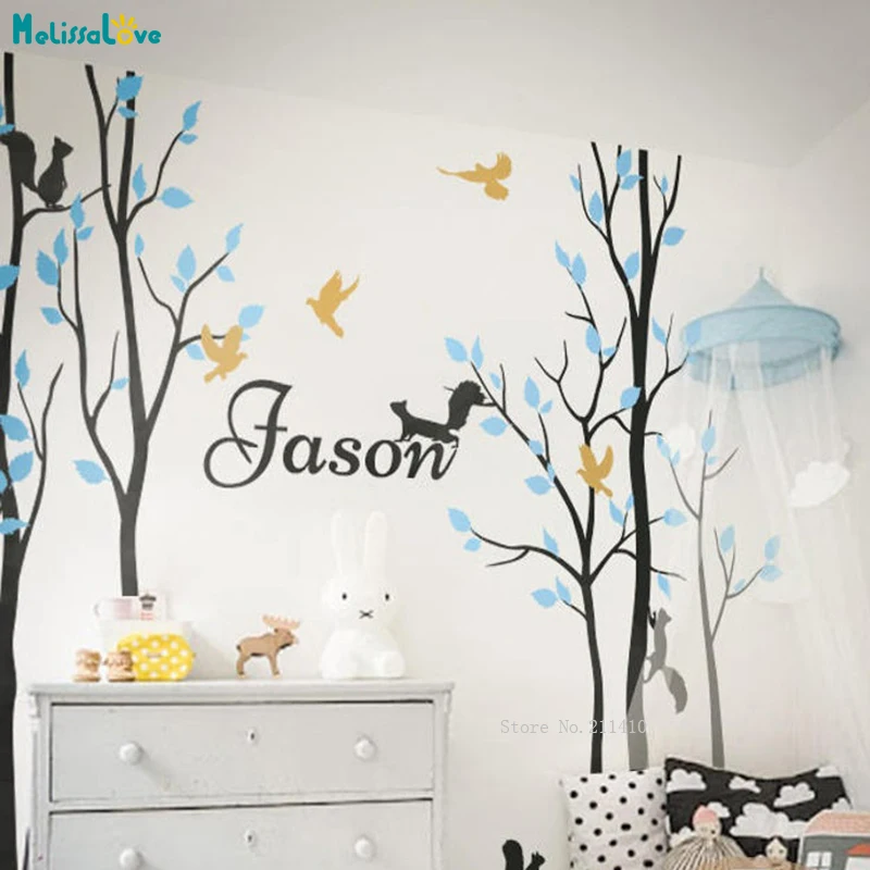 

Large Tree Wall Decal Set With Squirrel And Bird Custom Name Nursery Tree Art Home Decor Mural Stickers Removable YT4337
