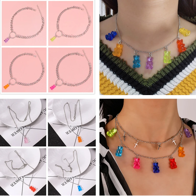 Милый мультфильм Gummy ожерелья медведь & Кулоны для женщин многослойные животные