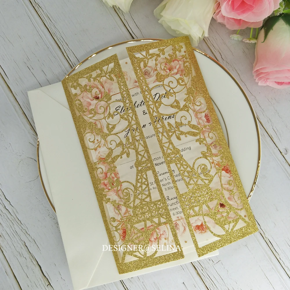 50 шт. Золотая блестящая башня Лазерная вырезка Свадебное приглашение