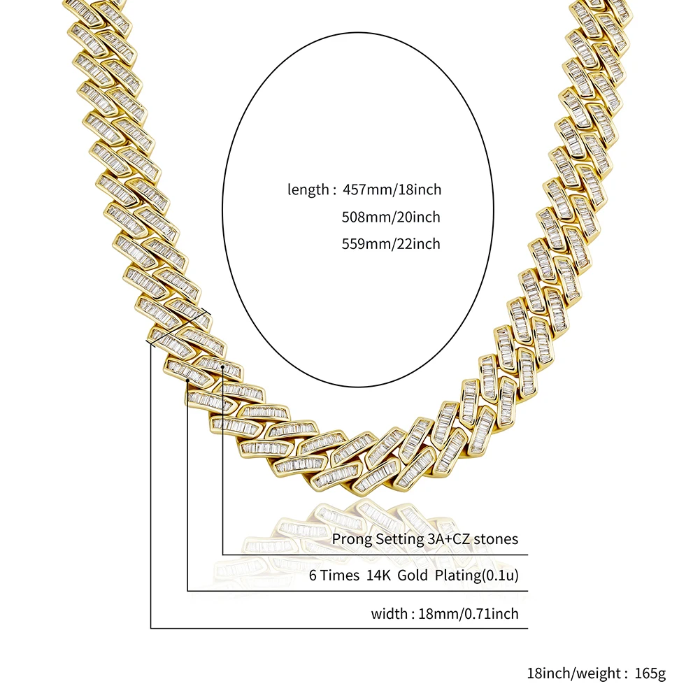TOPGRILLZ 18mm Baguette Prong Cuban Link Necklace CZ Iced Out Chain Hip Hop Fashion Luxury Bling White Gold For Gift | Украшения и